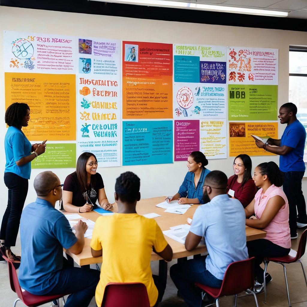 A diverse group of people collaborating in a vibrant community center, surrounded by displays of MyTA resources and support materials such as brochures and technology devices. They are engaged in discussions, with a backdrop of inspirational posters promoting empowerment and teamwork. The atmosphere is lively with colorful decorations symbolizing unity and hope. super-realistic. vibrant colors. community focus.