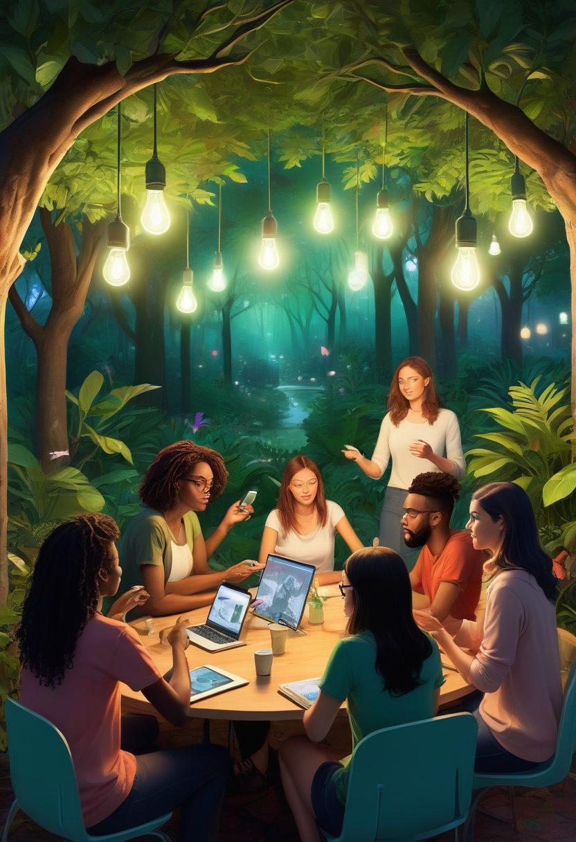 A vibrant community scene showcasing diverse individuals engaged in discussion and collaboration, with digital devices displaying a blog interface titled 'MyTA'. Include elements symbolizing empowerment, like raised fists and glowing light bulbs, surrounded by nature for a supportive atmosphere. Emphasize a sense of unity and creativity. colorful illustration. dynamic composition.