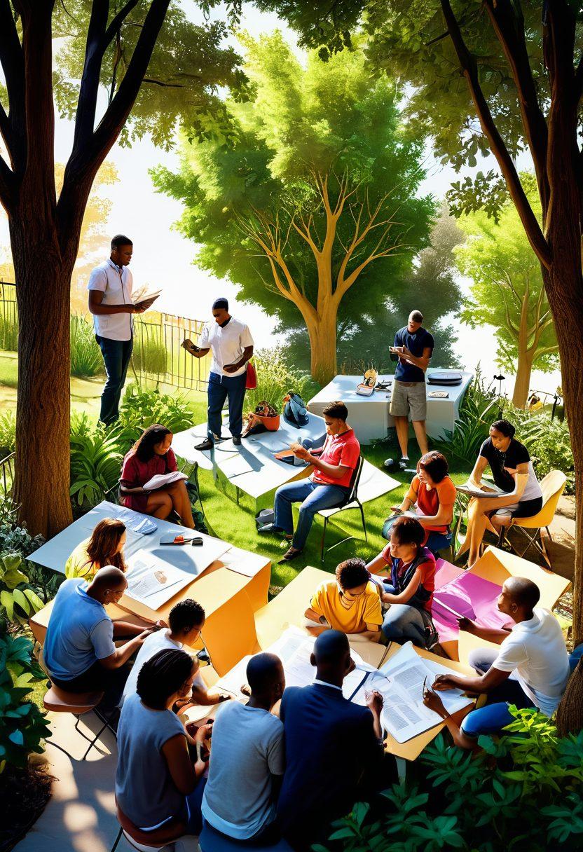 An inspiring community gathering scene with diverse individuals engaging in collaborative activities, surrounded by symbols of growth like flourishing plants and light bulbs representing ideas. The atmosphere is filled with vibrant energy, showcasing essential tools and resources such as books, laptops, and charts, emphasizing teamwork and innovation. The background features a sunlit park to evoke a sense of openness and connection. super-realistic. vibrant colors. 3D.